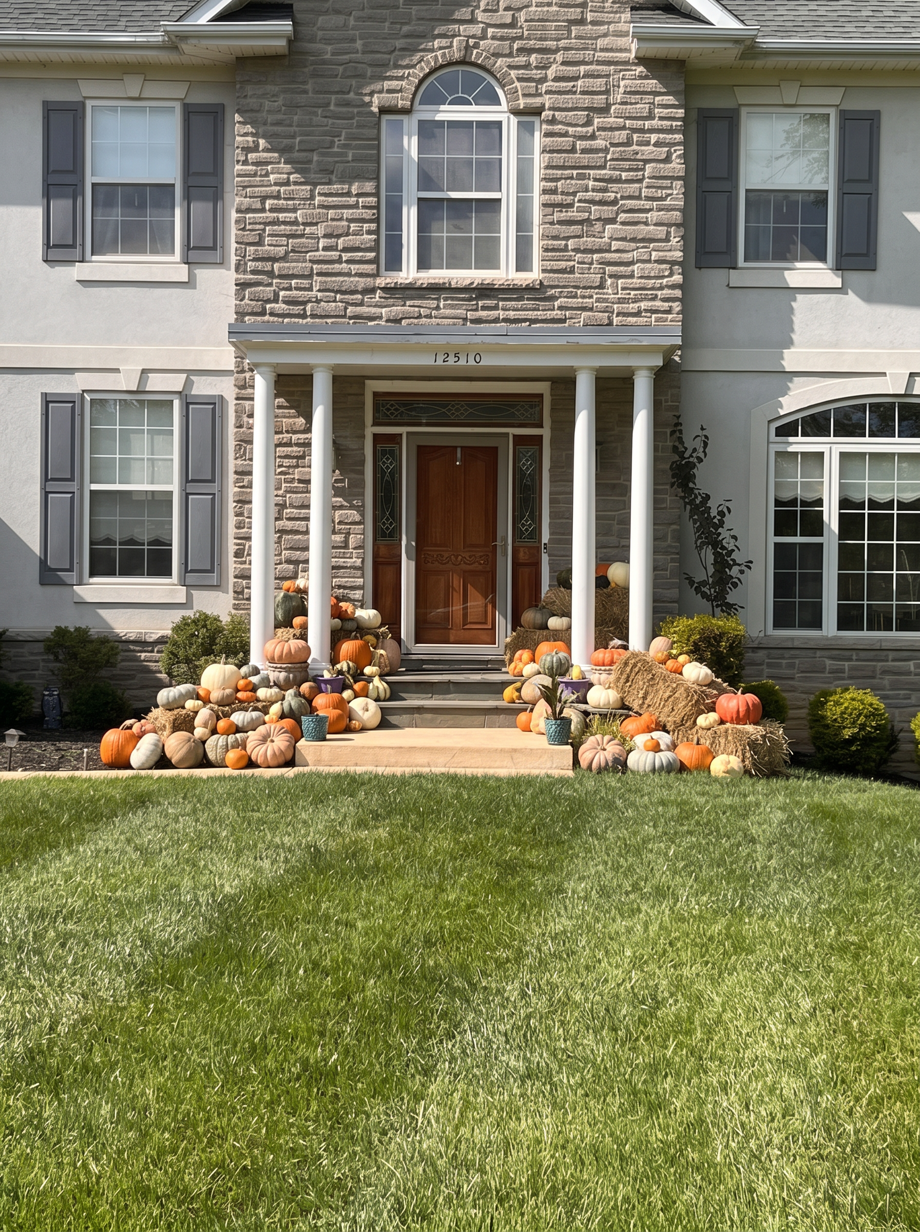 Sixty pumpkins in varied sizes and colors with hay bales arranged on brick porch steps